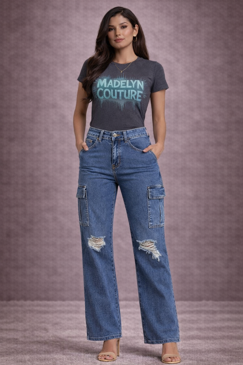 Bebe "The Wide Leg" Cargo Pocket Jeans-Medium Wash